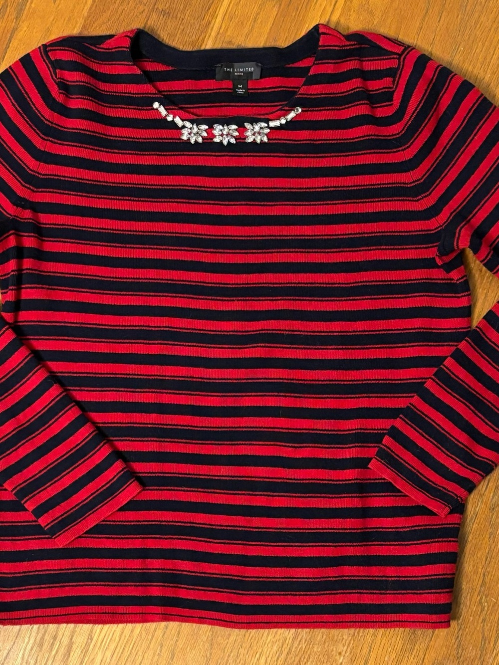 The Limited Women's Red & Navy Striped Jewel-Neck Sweater, Petite Med